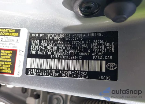 2015 Toyota Camry Se из США, поврежденный, VIN 4T1BF1FK1FU941413